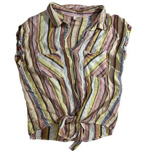 EUC keep in touch Colorful pink, coral, yellow Stripe Button Down tie front top